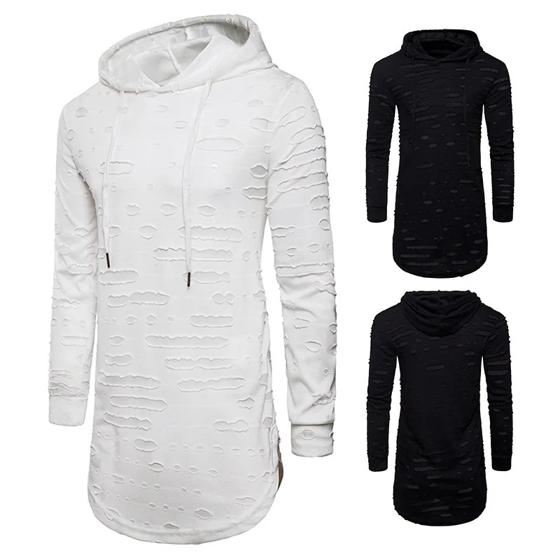 Spring and Autumn New European Size Men's Casual Fashion, Worn Holes, Versatile Mid Length Hooded Sports Long Sleeved T-shirt