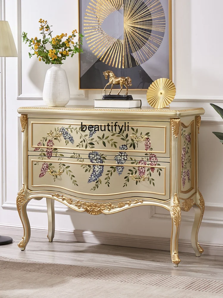 High-End Luxury Retro French Entrance Cabinet European Style Entrance Foyer Wall Painted American  Aisle Chest of Drawers