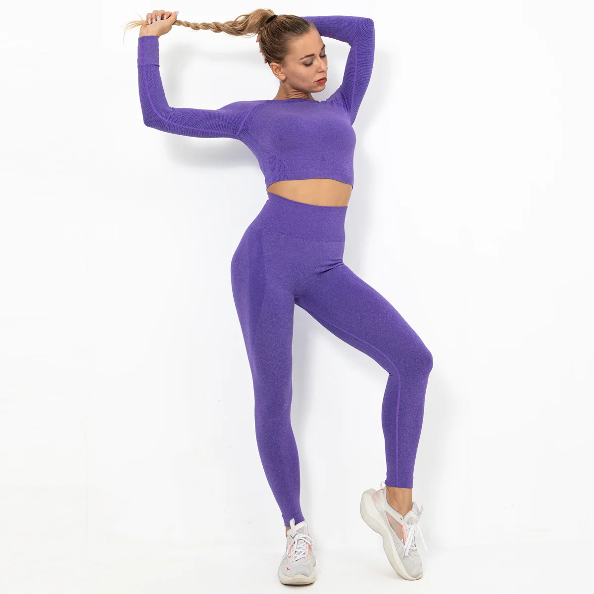 2PCS Seamless Tracksuit Yoga Set Sexy Long Sleeve Crop Top High Waist Leggings Gym Workout Clothes 2 Piece Sportwear Women Set