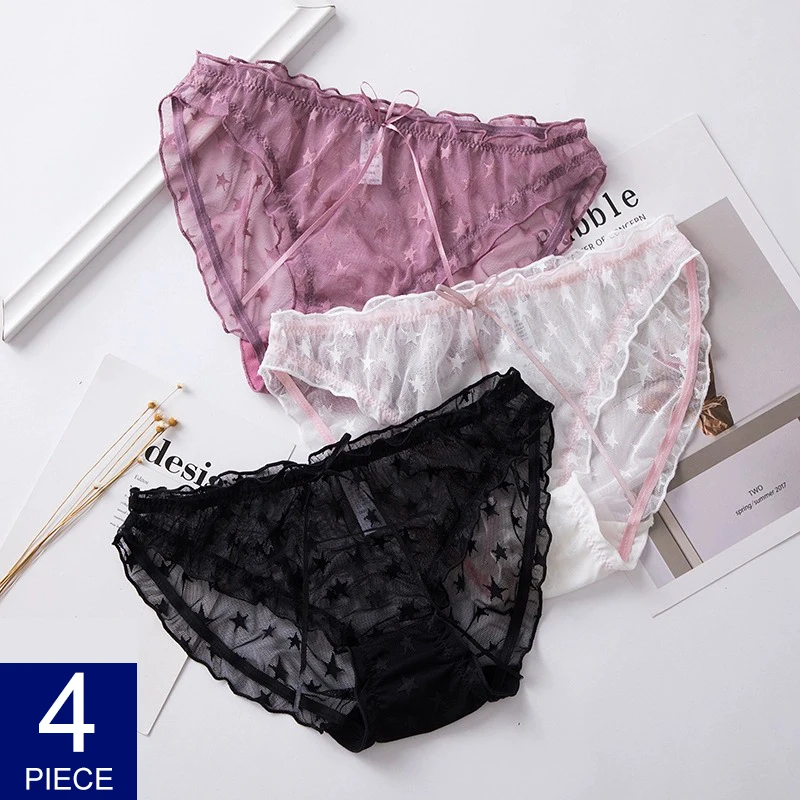 4 Pcs Sexy Women Panties Transparent Underwear Women's Lingerie Briefs Female Underpants Low Waist Panty Lace Sex Intimate Wear