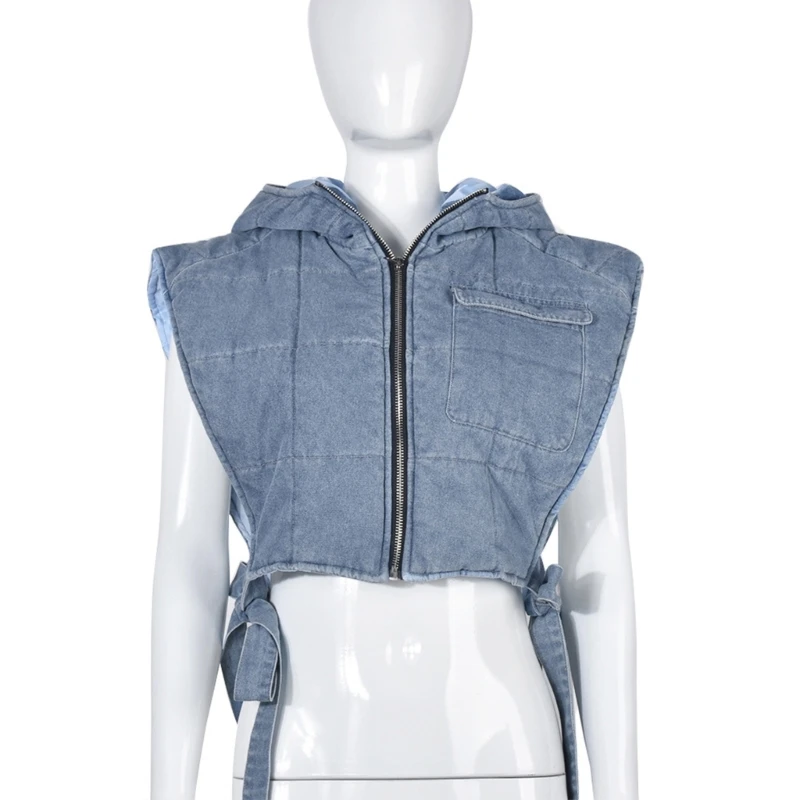 Womens Denim Quilted Cargo Vest Hoodie Jackets Sleeveless Zipper Up Side Hollow Out Bandage Puffer Crop Top Waistcoat