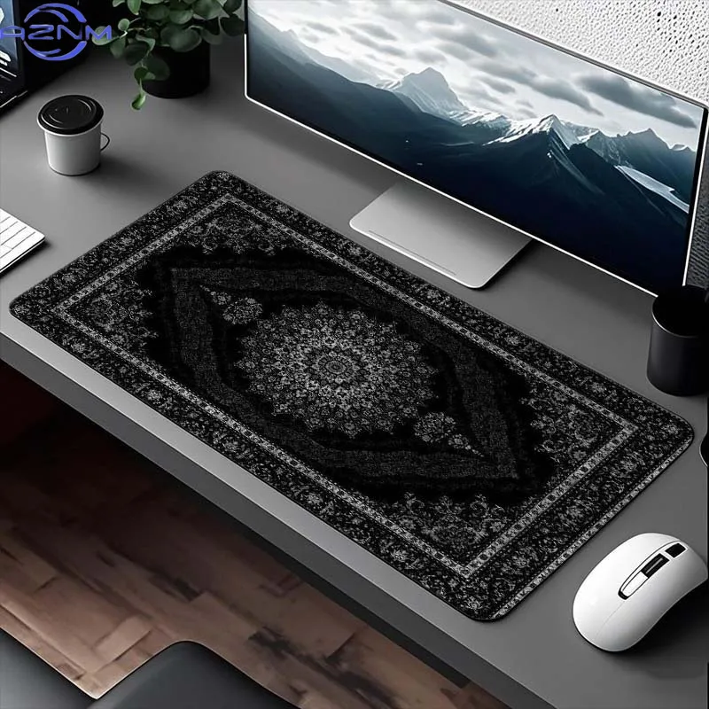 Black Persian Carpet Mouse Pad - Anti-slip rubber base, precision stitched edges, elegant geometric design for  desk mouse pad