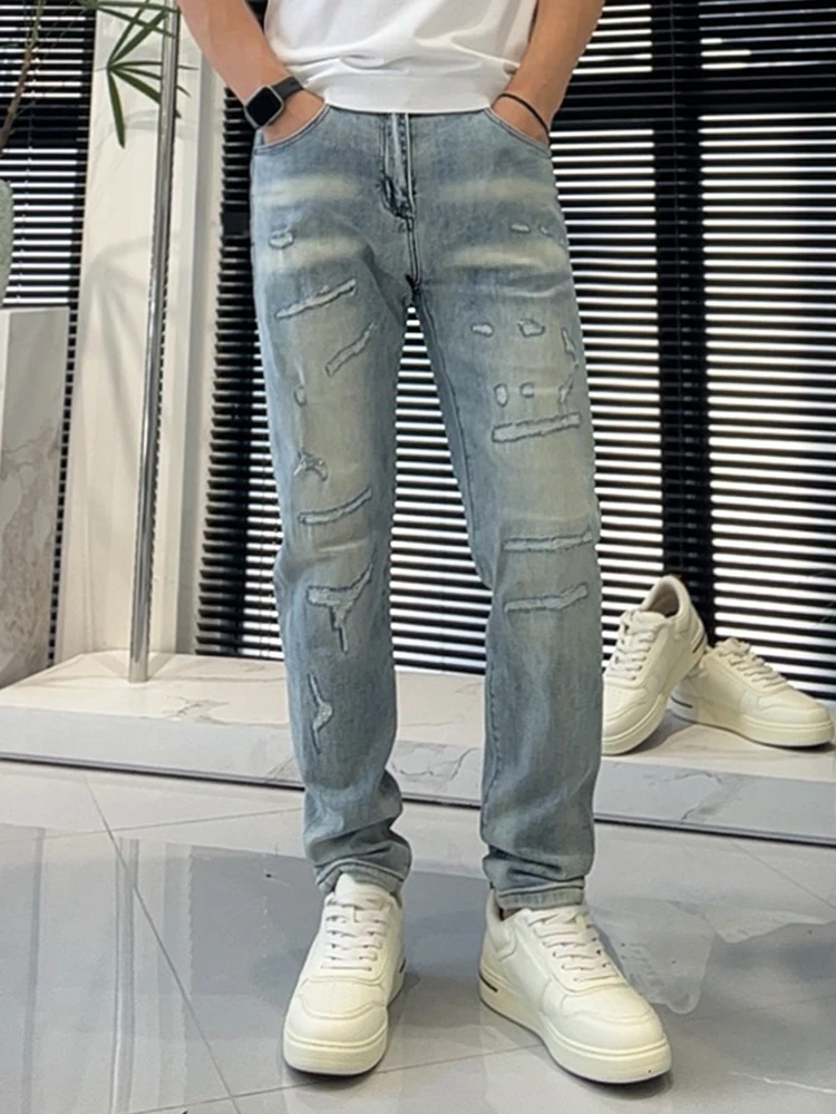 

Trendy Men's Summer Fashionable Lightweight Luxury Straight Leg Stretchy Long Jeans Casual Wear Resistant mid Waist Denim Jeans