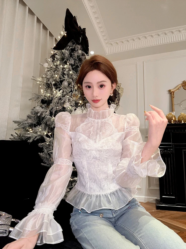 

Ele Lace Splice Slim Fit irt Xixiao Yu 2025 Autumn New High End Sensation Luxury Feel Polyester Fiber Long Sve irt