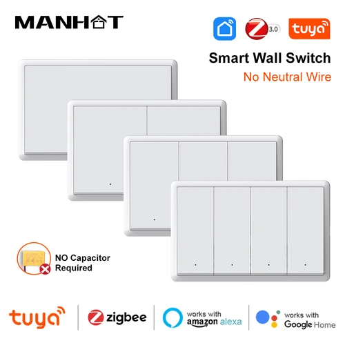 Interruptores de luz de pared inteligentes Tuya Zigbee, No neutro, sin condensador, 1, 2, 3, 4 entradas, Interruptor de botón físico estadounidense para Google Home Alexa