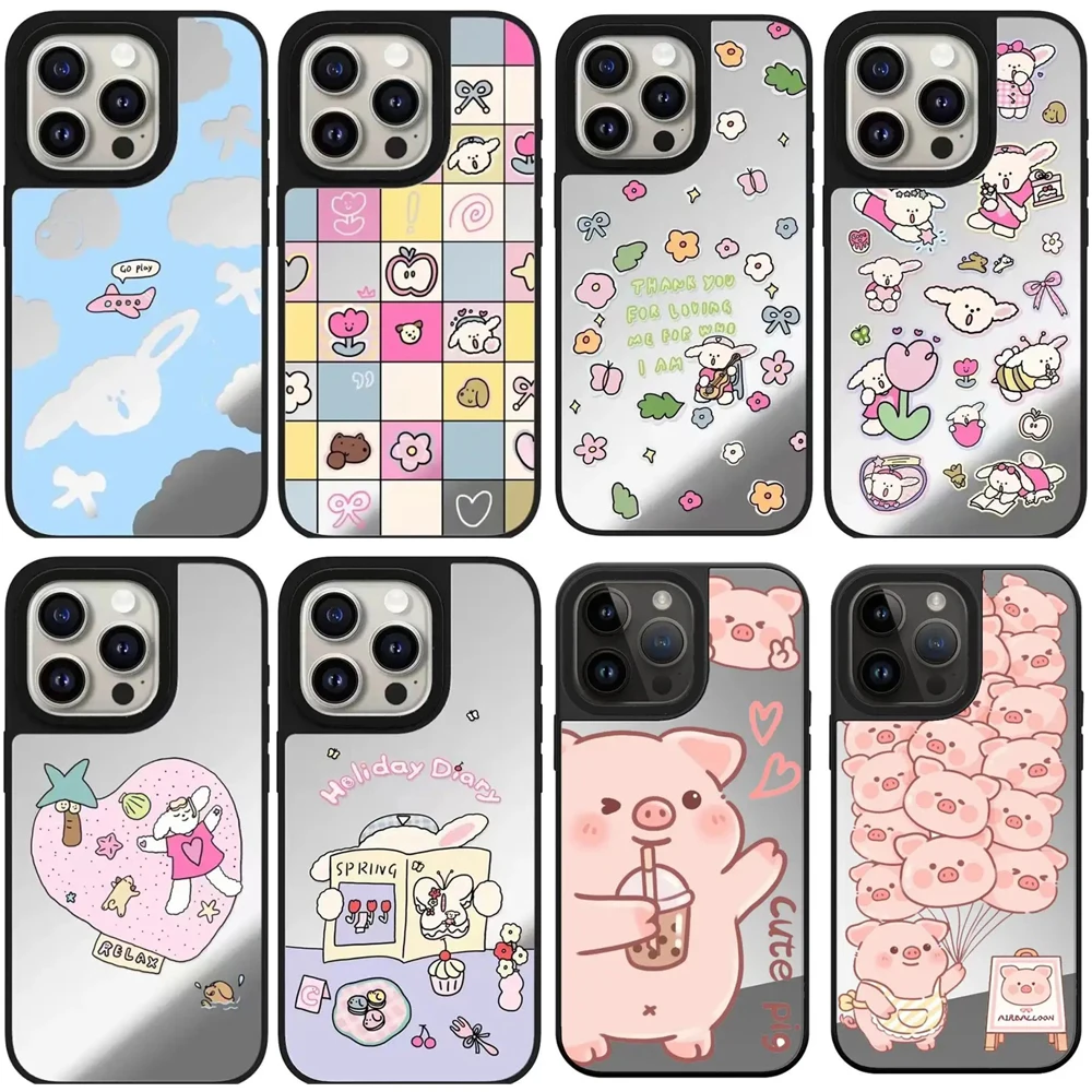 

Cartoon Animals Pig Mirror Magnetic Phone Case Cover for IPhone 11 12 13 14 15 Pro Max Case for IPhone 15 Pro Max