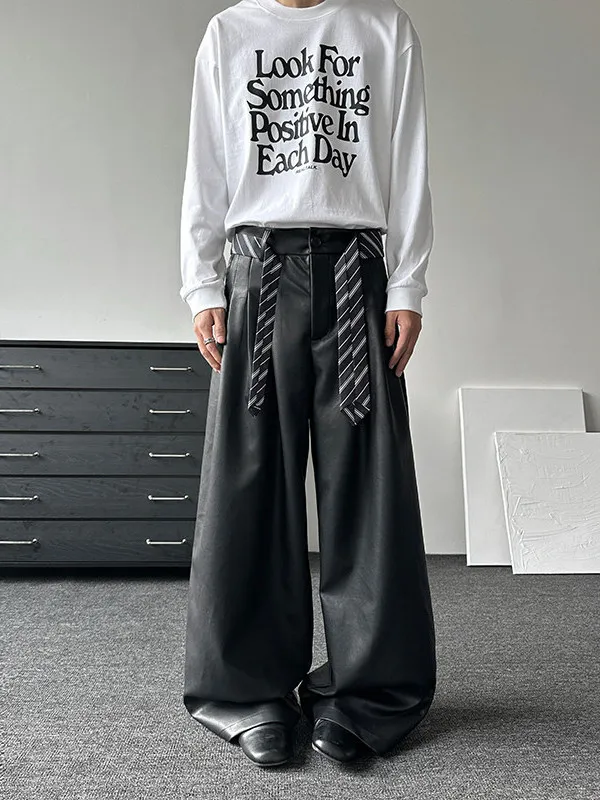 

ex Широкие брюки из искусственной кожи, длинные драпированные брюки, повседневные молодежные брюки, весенняя мода, модные полосатые брюки с высокой талией и поясом