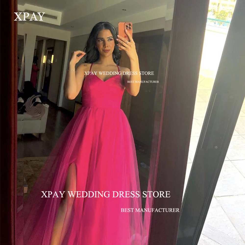 XPAY-vestidos de baile rosa, cintas de espaguete, Lace Up Split, vestidos longos, vestido de festa formal