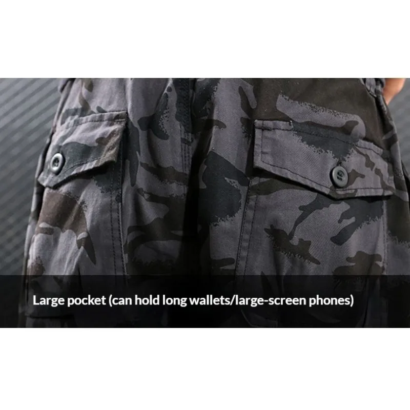 Men Cargo Work Pants Solid & Camo Multi Zipper Pockets Drawstring Hem Wear Resistant Straight Outdoor Hiking Tactical Trousers - view 5