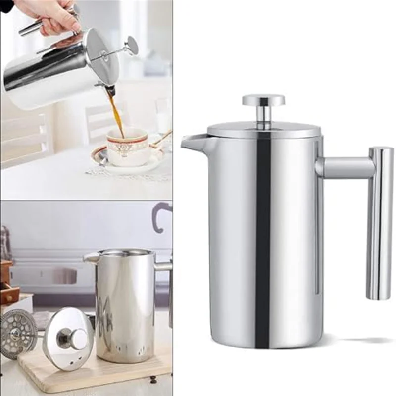 Double Wall Heat Resistant Coffee Pot Insulated Coffee Presser Stainless Steel 1Set