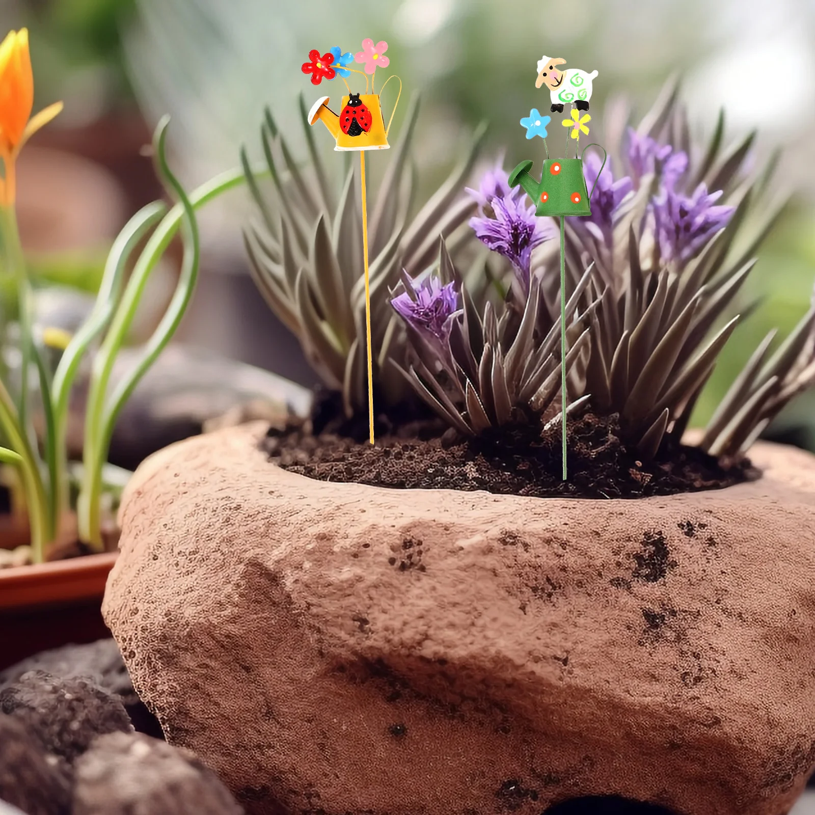 

3pcs Metal Planter Decorations Iron Garden Stakes Cow Milk Bucket Beetle Goat Plant Pots Landscaping Lawn Decor GroundInserted