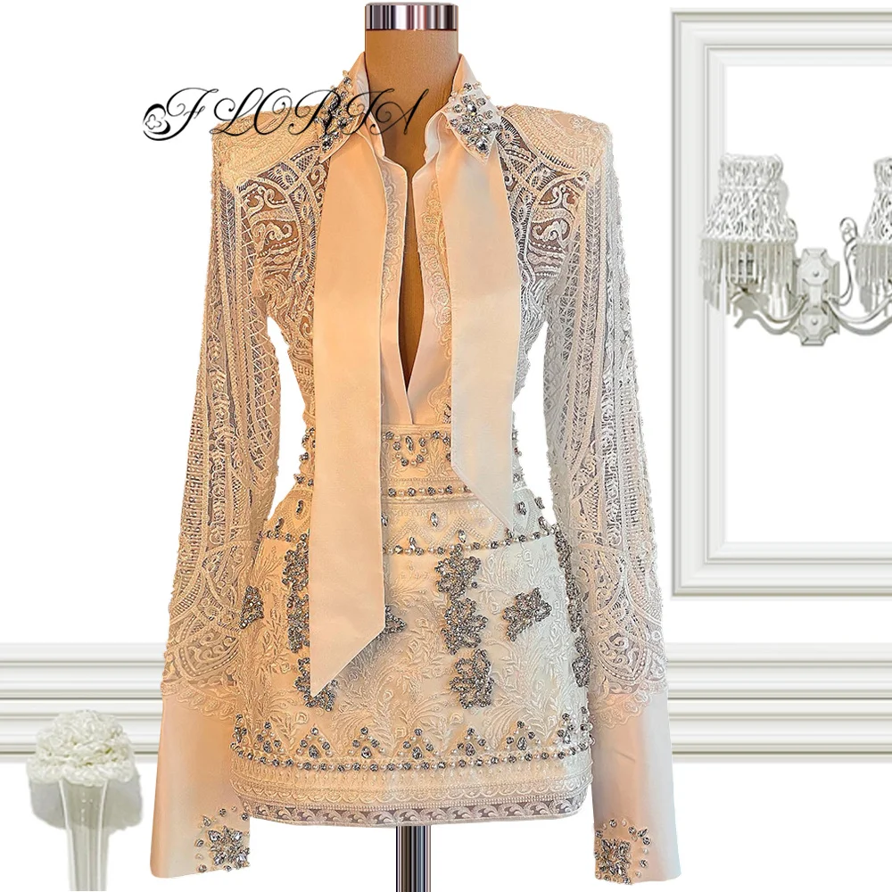 Runaway Autumn Two Piece Crystal Beaded Lace Cocktail Dress White Long Sleeve Tie Blouse and Mini Skirt Prom Party Gowns 2022