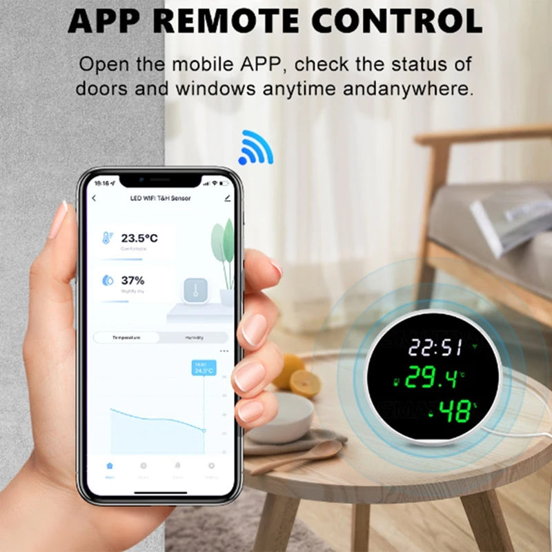 Temperatura Interior Digital e Sensor de Umidade, Display LED retroiluminado, App Notificação Alerta, 1 Conjunto
