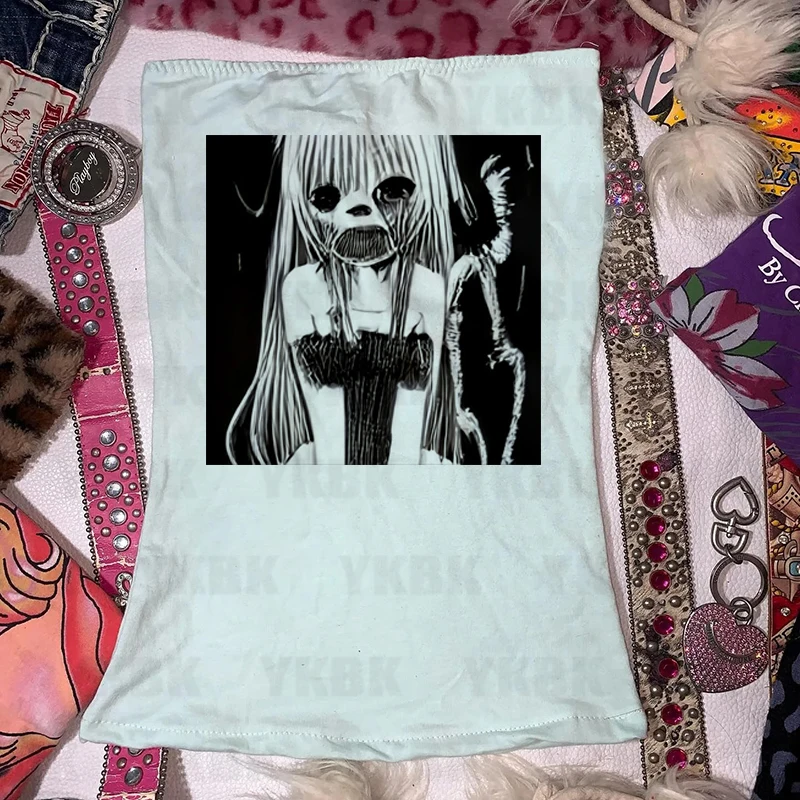 Gothic Y2k Crop Tops Vintage Frauen Casual Druck Anime Harajuku Retro Schöne Weste Punk E-mädchen Ästhetische Baby Tees sommer Tops