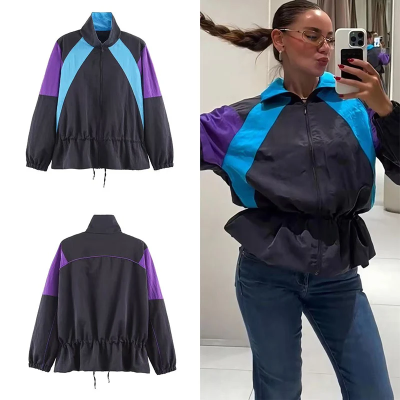 Guobioziy Women Geometric Patchwork Jacket Zip Front Drop Shoulder Loose Fit Casual Streetwear Daily Wear Autumn New Fashion