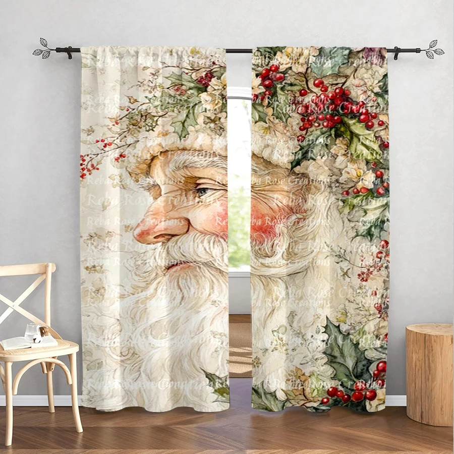 2PCS Watercolor Santa Claus Curtains, Holly Berry Wreath Vintage Christmas Window Drapes for Bedroom Living Room Decor