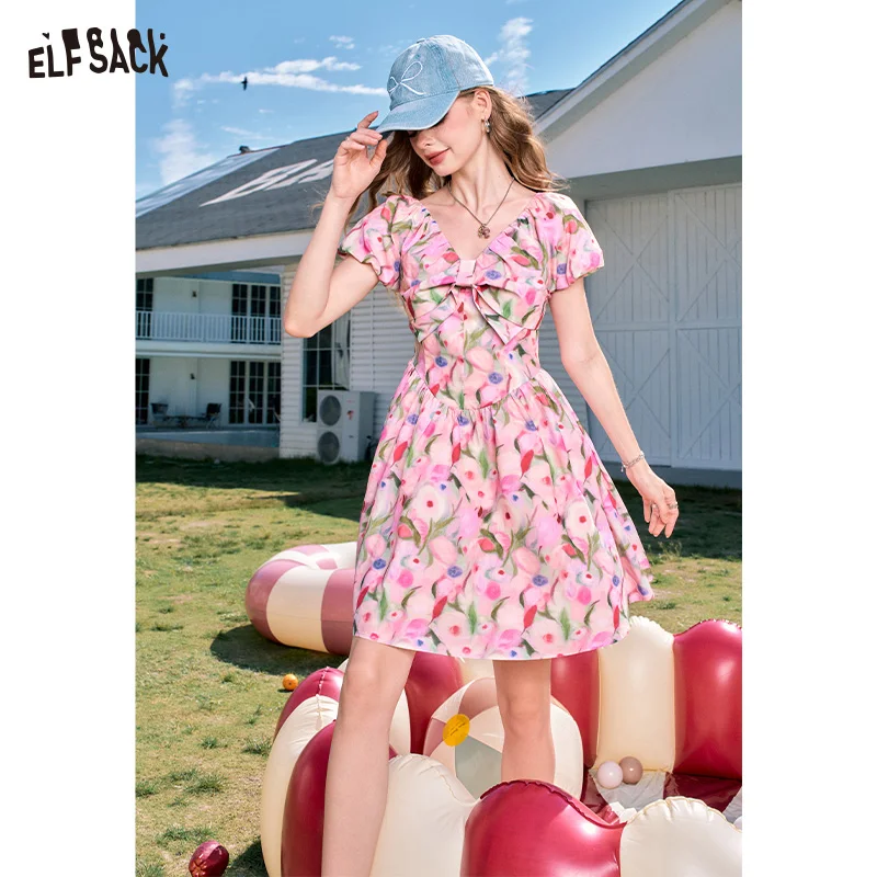 ELFSACK 2024 Summer New Arrivals French V-neck pink floral waist slimming princess dress for women