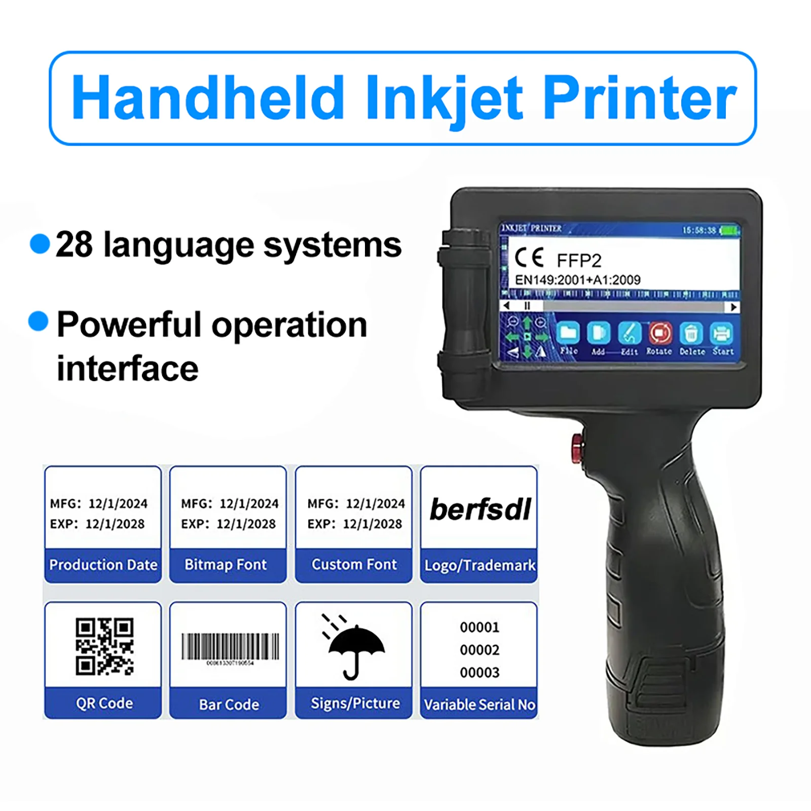 

Портативный мини-сплит-принтер 12,7 мм, ручной струйный принтер, нешифрованный QR-штрих-код, изображение, логотип, машина для кодирования даты, 28 языков