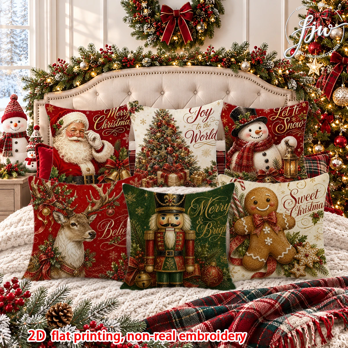 6pcs Christmas Throw Pillow Covers Vintage Tree Santa Snowman Reindeer Decorative Cushion Cases for Home Holiday Sofa Bed Decor