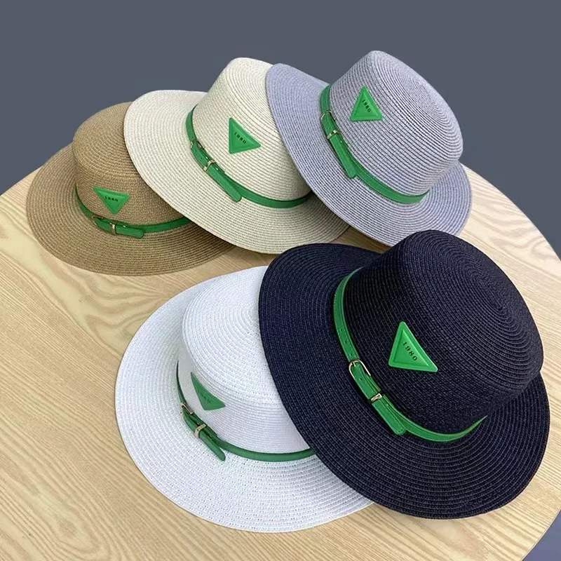 Summer Travel Beach Flat Top Straw Hat for Women Leather Buckle Top Hat Women\'s Sun Visor Tide Inverted Triangular Label Cap