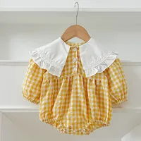 Autumn Newborn Baby Girls Romper 0-3Yrs Infant Retro Romper Yellow Grid Lapel Floral Rompers Kids Onepiece Fashion Baby Clothing