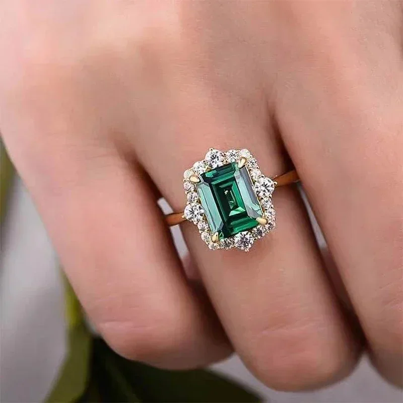 Apaison Rectangle Lab Emerald Rings for Women Trendy Engagement Wedding Party Accessory Gold Plated Jewelry Gift