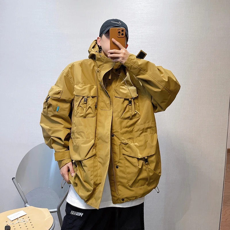 Outdoor Windbreaker Multi-Pocket Hooded Cargo Jackets Japanese Streetwear Waterproof Coat Harajuku Casual Tactical Men Clothing