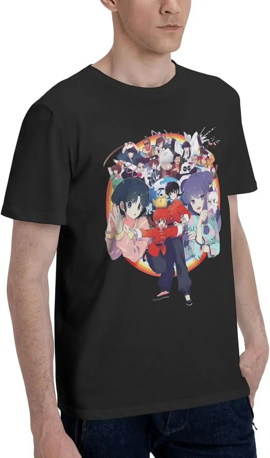 Anime Ranma ½ Shirt Cotton Crew Neck Fashion Tshirt for Man Black