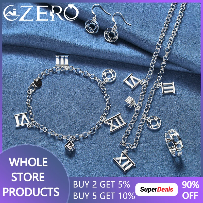 ALIZERO 925 Sterling Silver Roman Numerals Necklace Bracelet Rings Earrings For Women Fashion Wedding Party Jewelry Sets Gift