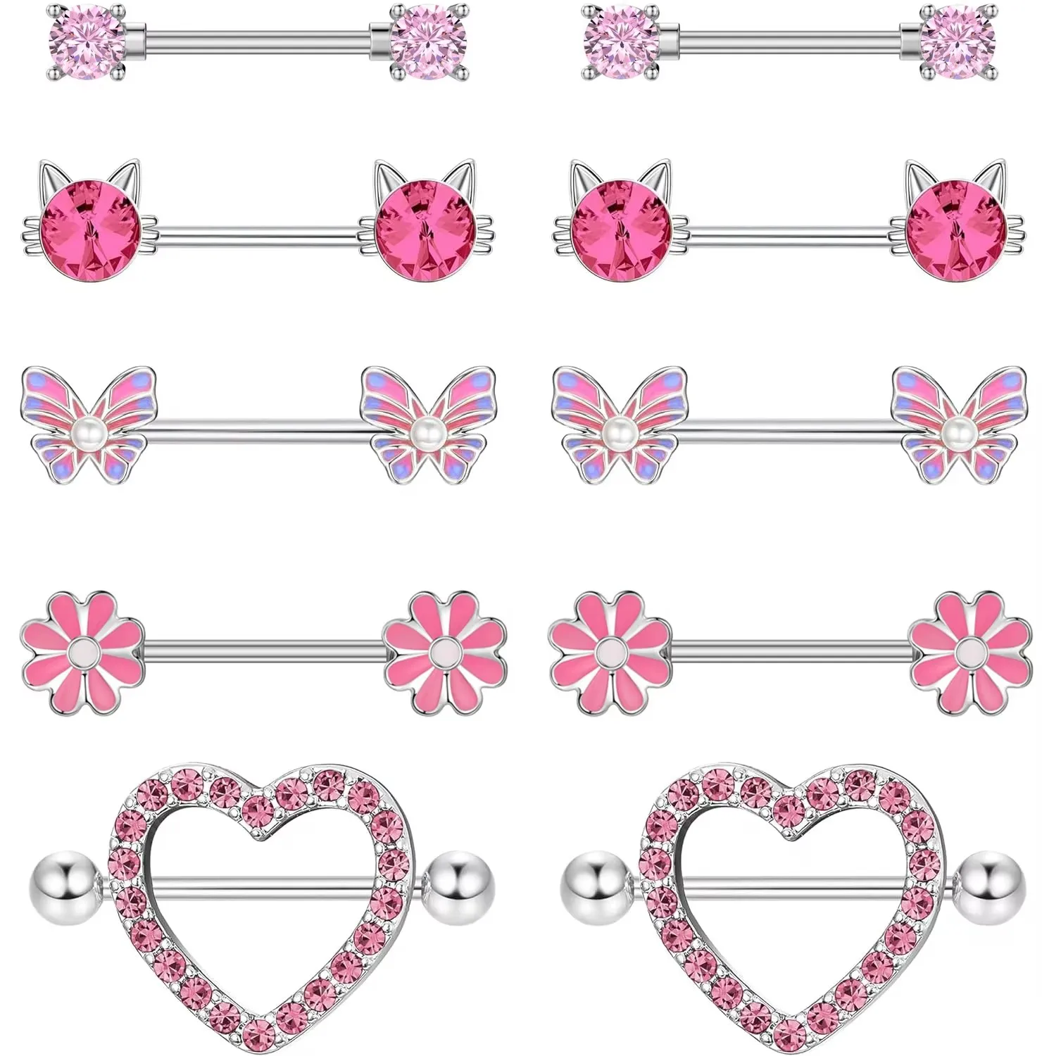 Cute Cat CZs Nipple Ring Sets 14G Stainless Steel Both Sides Screwed Shield Barbell Cover Heart Butterfly Nipple Piercing Lot