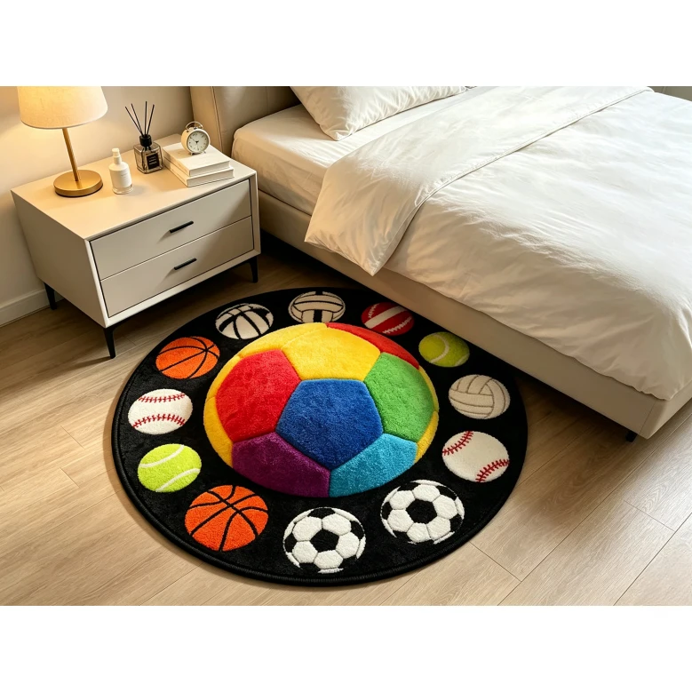 Kids Sports Round Floor Rug Multi‑Sport Balls Soccer Basketball Baseball Tennis Pattern Decor Area Rug for Play Space Ornament