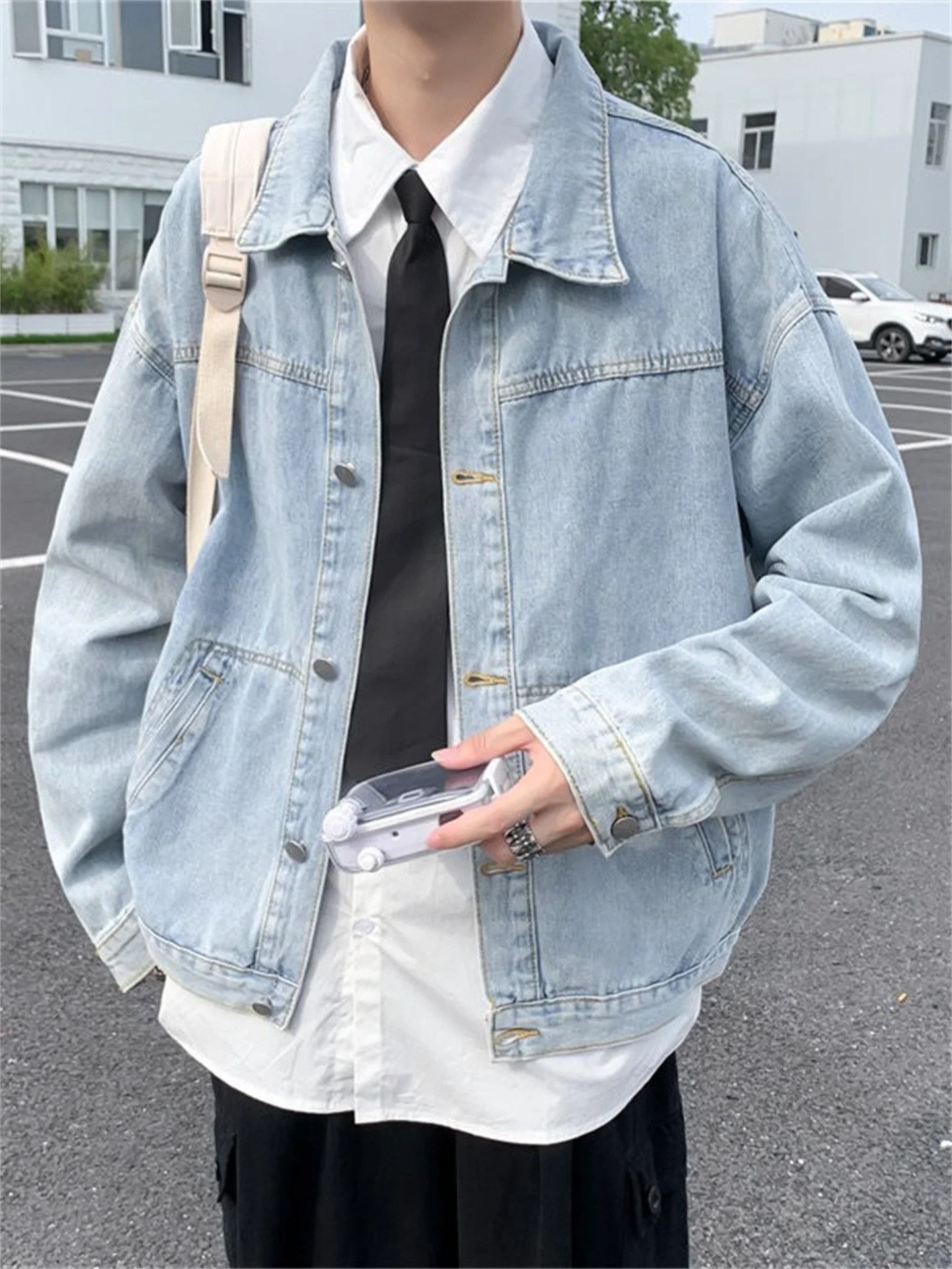 

Light Wash Denim Jacket Men's Spring Autumn Loose Casual Style Classic Collar Long Sleeve Outerwear for Youth Trendy Brand