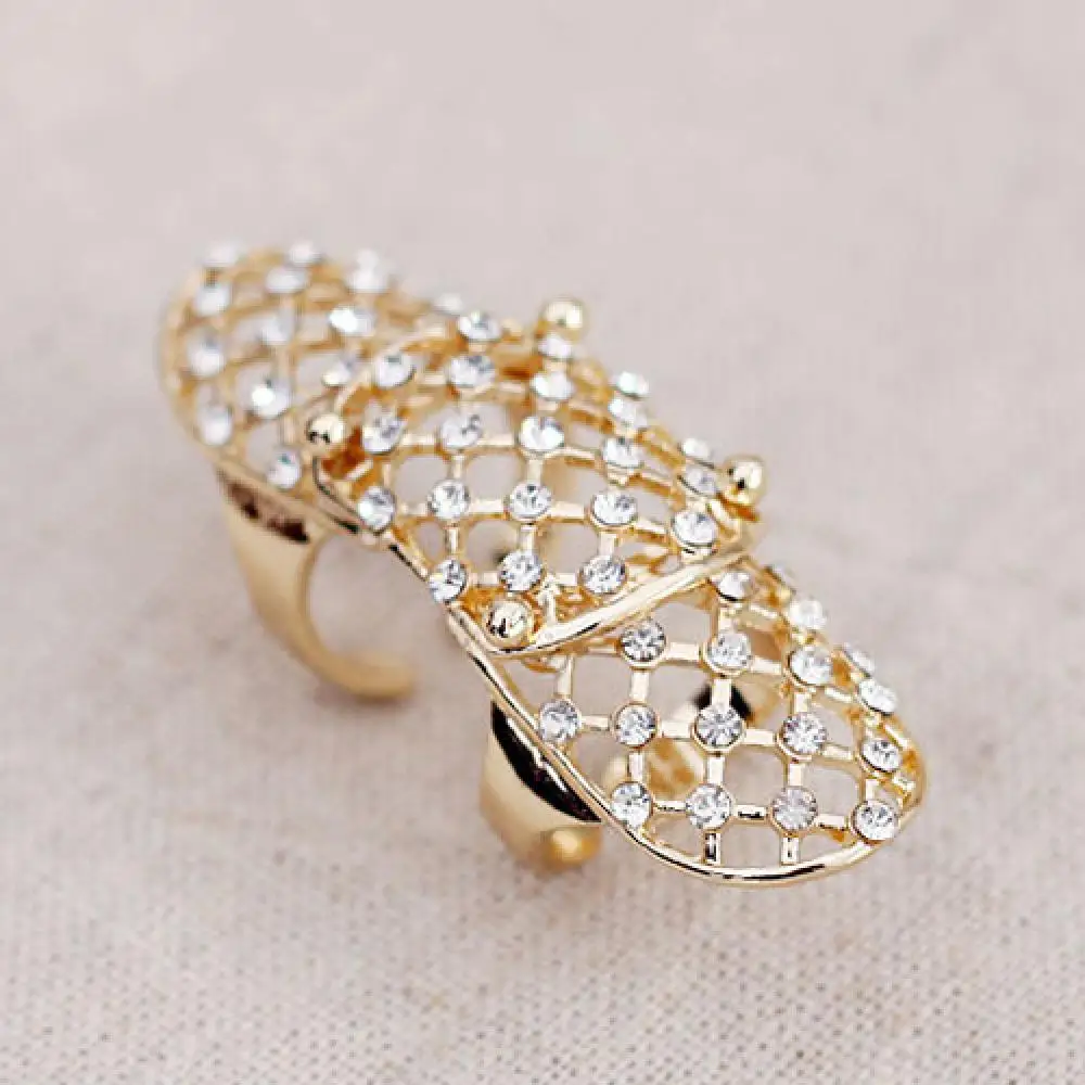 Rhinestone Mesh Hollow Ring Open Women Punk Long Knuckle Half Finger Shield Ring