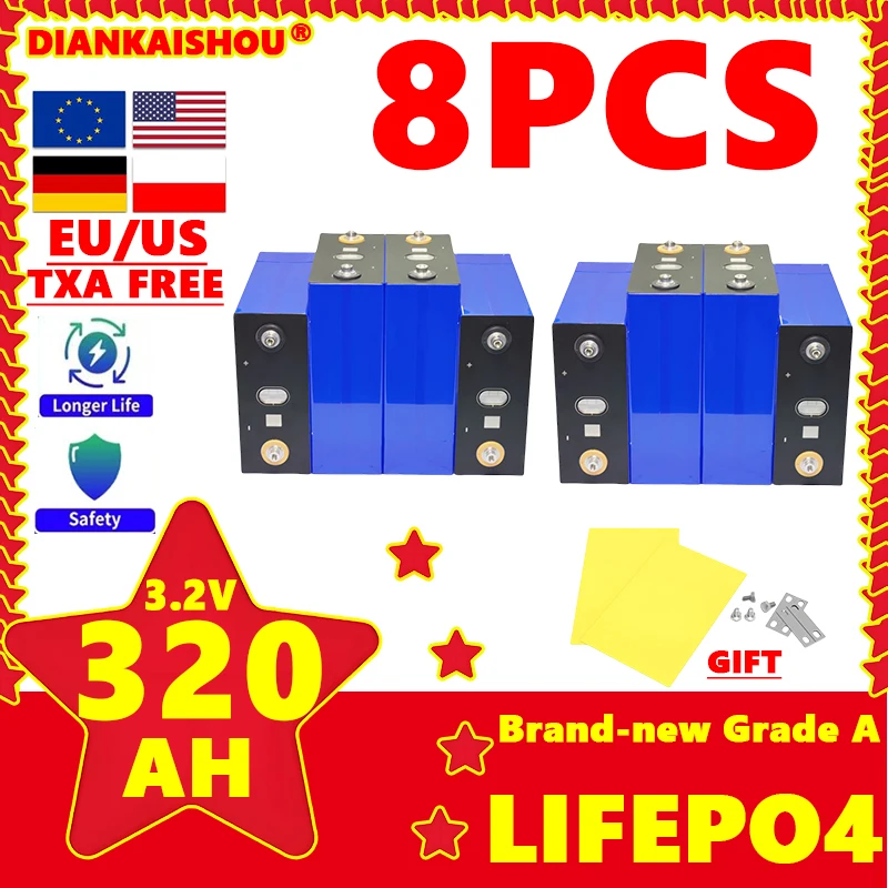 

8 шт. 320 Ач LiFePO4 3,2 В аккумулятор 8000 циклов DIY 12 В 24 В 48 В мотор для дома на колесах солнечная энергия Бытовая система хранения энергии БЕСПЛАТНО TAX