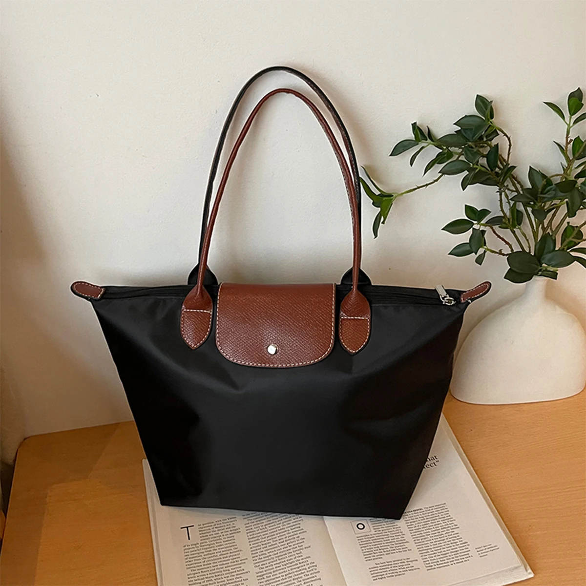 Bolso de hombro minimalista de Color sólido, bolso de mano de nailon de gran capacidad, cierre magnético + correa reforzada con cremallera para viaje de mujer