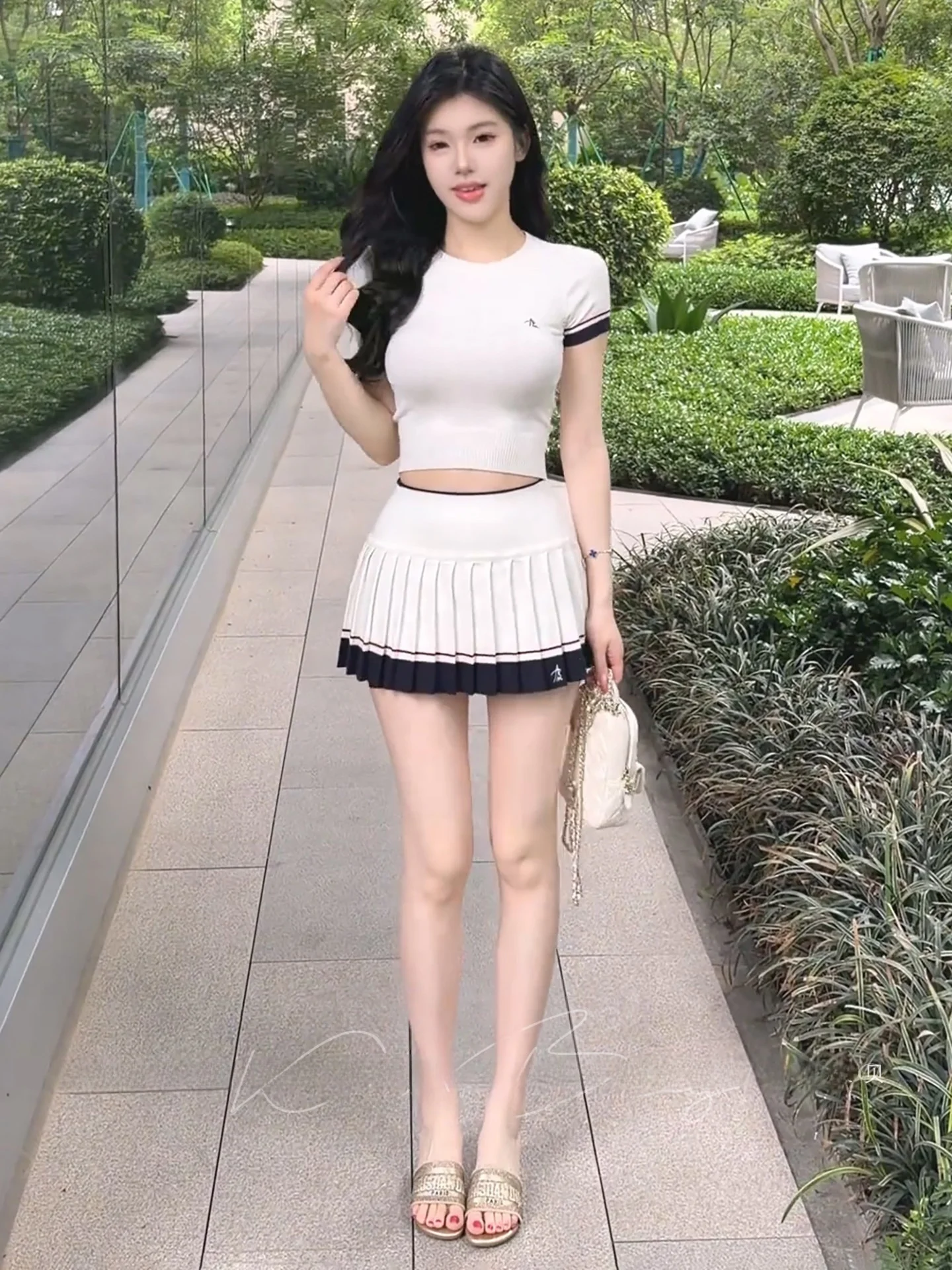 American Style Spicy Girl Sportswear Set Belly Button round Neck Knitted Short Sleeve T-Shirt Top Half Skirt Sexy  Skirt ...