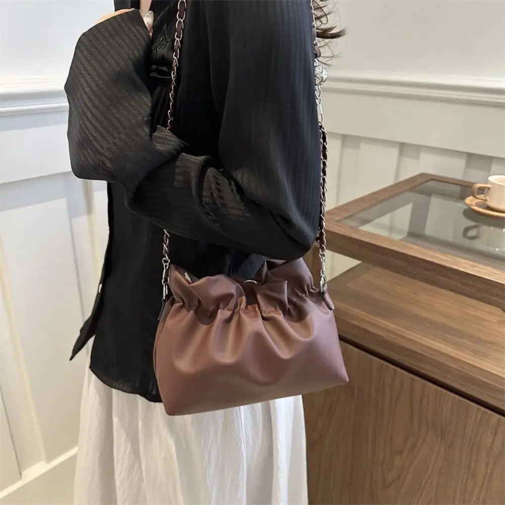 Bolsa Crossbody de couro PU cor pura para mulheres, bolsa de balde, bolsa de contas, bolsa axilas, grande capacidade, bolsa de ombro, streetwear