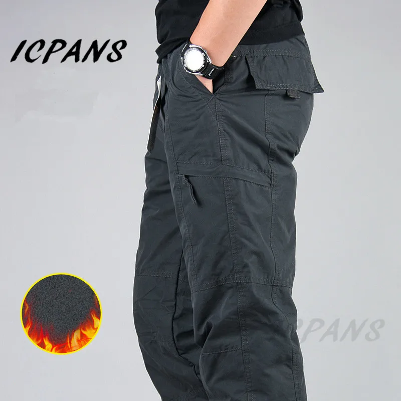 Fleece Work Cargo Pants Men Casual Thicken Trousers Military Tactical Army Black Winter Pants Men Side Zipper Pants