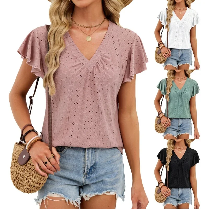Women's Eyelet Embroidery V Neck Blouse Ruffle Short Sleeve Casual Loose Solid Color Summer Tunic Tops 4 Color