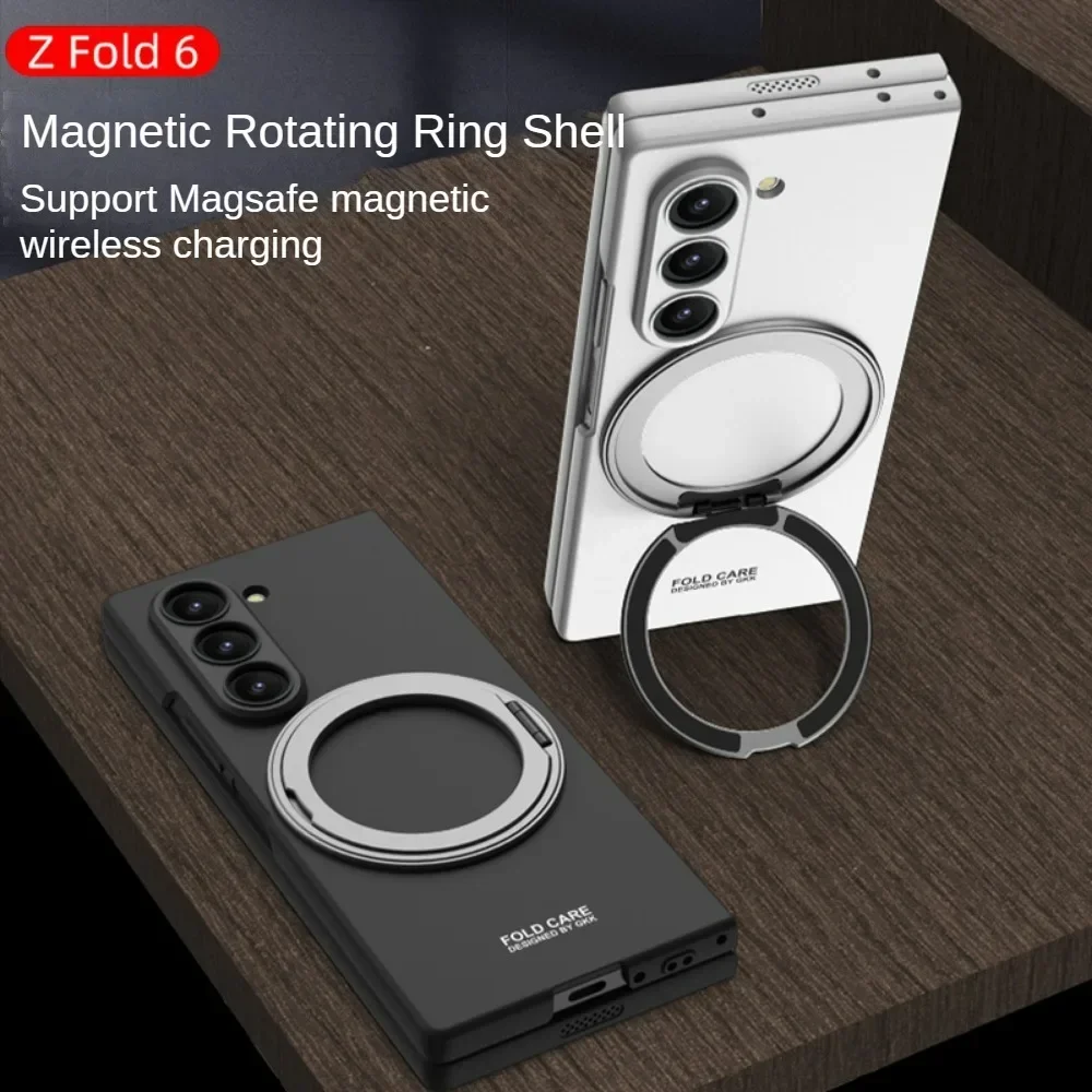 For Samsung Galaxy Z Fold 6 Magsafe Case Matte Magnetic Wireless Charging Rotating Ring Holder Tempered Film Shockproof Cover