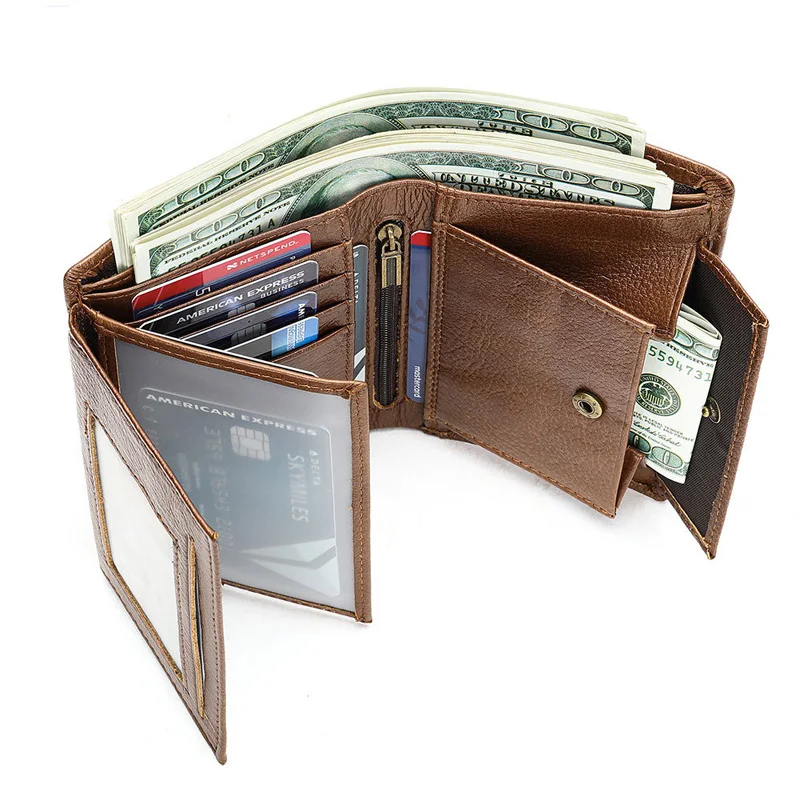 Large Capacity Men's Genuine Leather Wallet Top Layer Leather anti-theft Brush Purse European American Retro Cow Leather Wallets