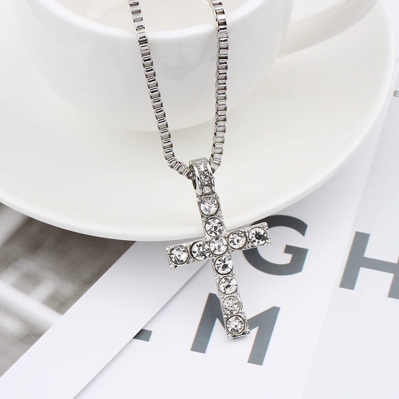 Hip Hop Punk Fashion Cross Necklace Creative Rhinestone Pendant Jewelry Accessory Personality Gift for Boys Men