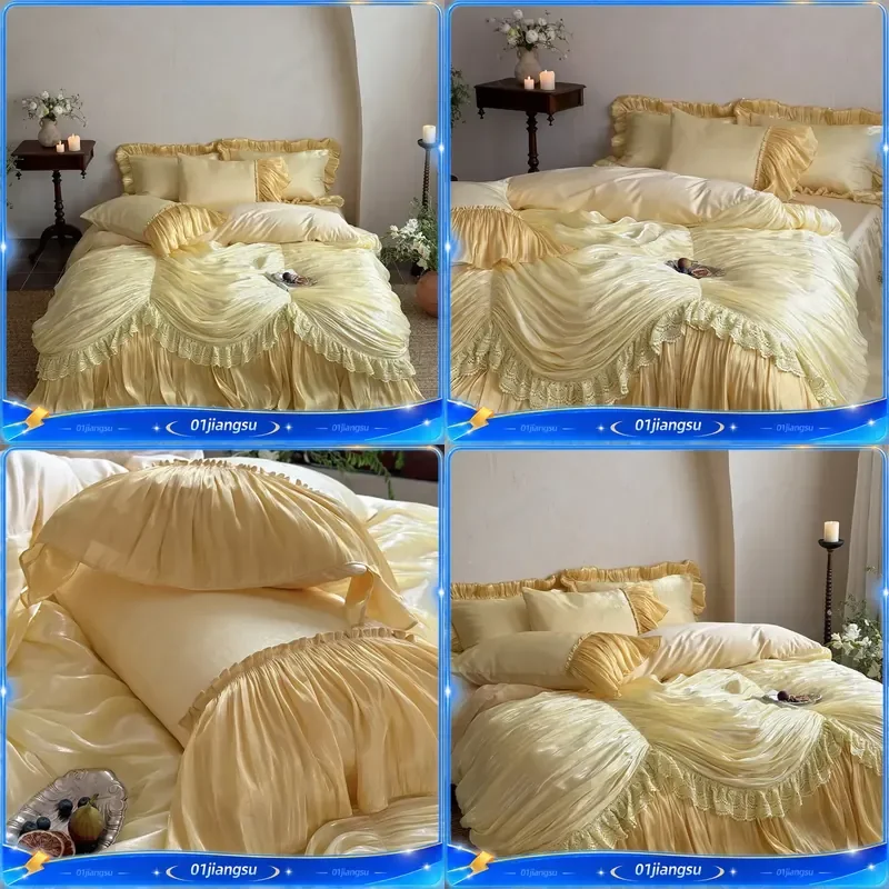 1000TC Egyptian Cotton Bedding Set Vintage French Palace Style Pleated Lace Ruffles Duvet Cover Bed Skirt Pillowcases 4Pcs