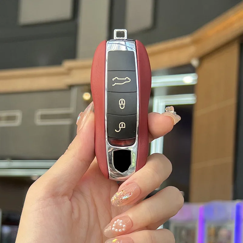 Luxury Genuine Leather for Porsche Boxster Cayman Panamera Cayenne Macan 718/911 Taycan Car Key Case Cover Protective Keychain