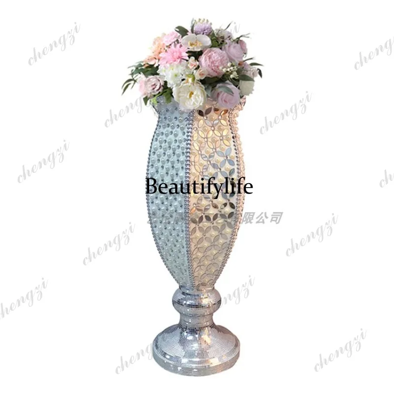 A95 new Chinese style diamond floor-to-ceiling large vase FRP flower ware hotel shopping mall home decoration ornament