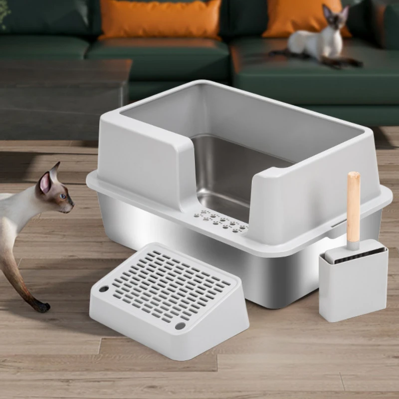 

Stainless Steel Cat Litter Box Open Design with Front Door Flat Slope Spacious and Durable Cat Toilet for Comfortable Use