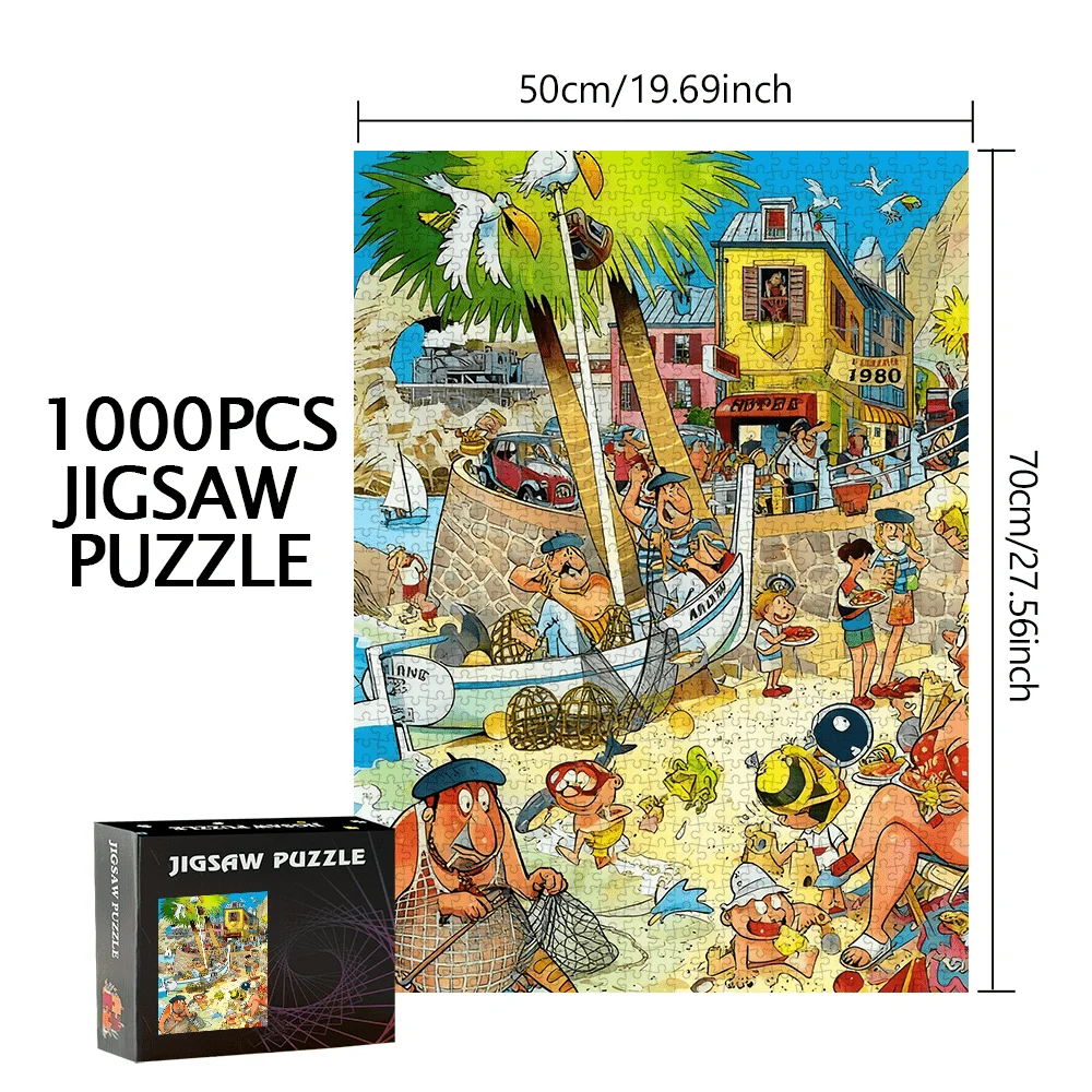 Puzzle de scène de dessin animé de ville côtière animée, jeu intellectuel amusant pour adultes et enfants, jouet de puzzle décoratif pour la maison et les loisirs