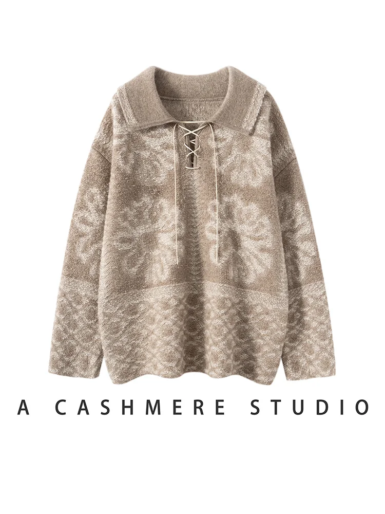 Women's 100% Cashmere Sweater French Retro Tie Turn-Down Collar Fair Isle Pullover Autumn Winter Towel Embroidery Cashmere Tops