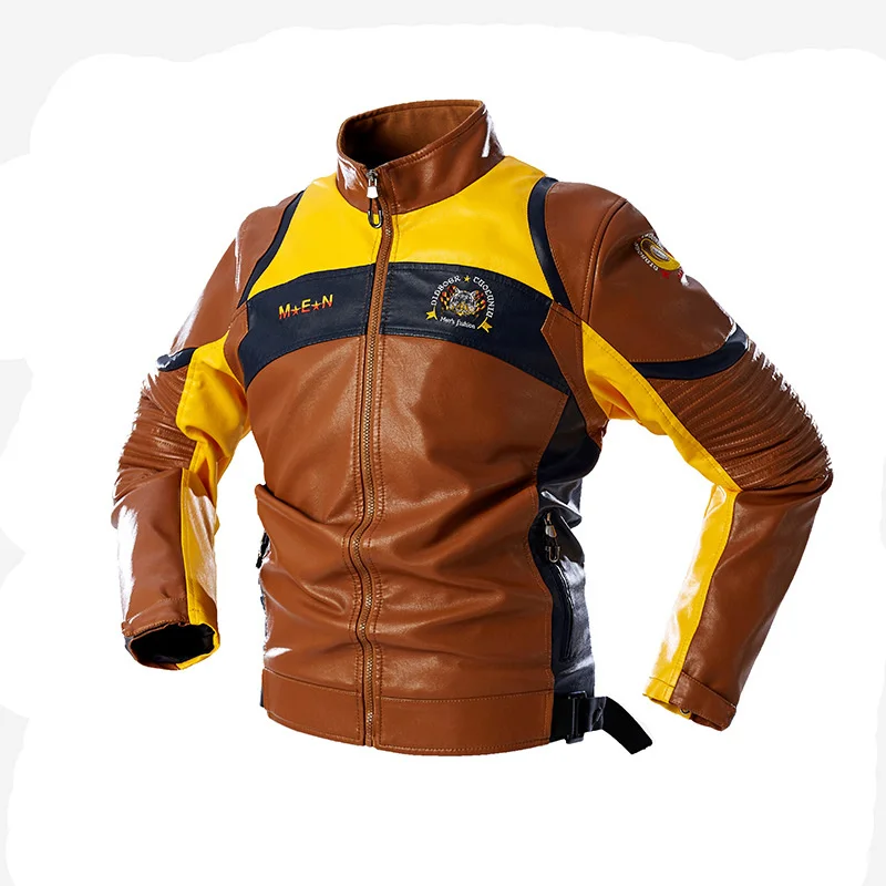 Motorcycle Leather Jackets for Men PU Coats Embroidery Stitching Color Racing Moto Biker Style