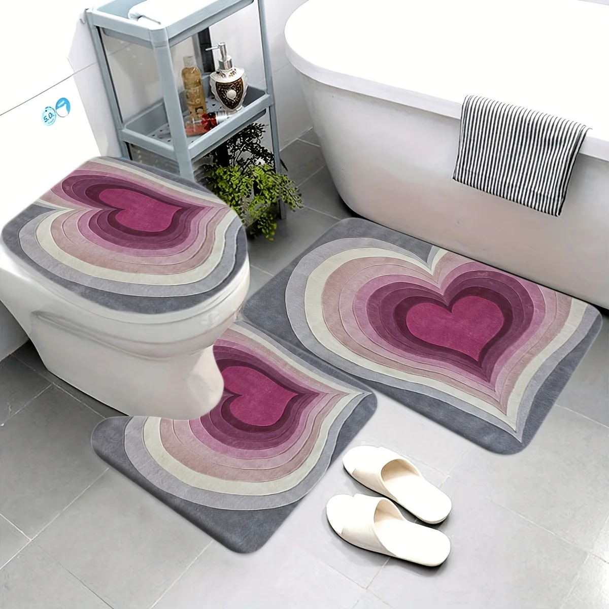 

3pcs Luxury Pink Love Print Bathroom Rug Set - Soft Flannel, Non-Slip, Machine Washable, Includes Toilet Lid Cover & U-Shaped Ma